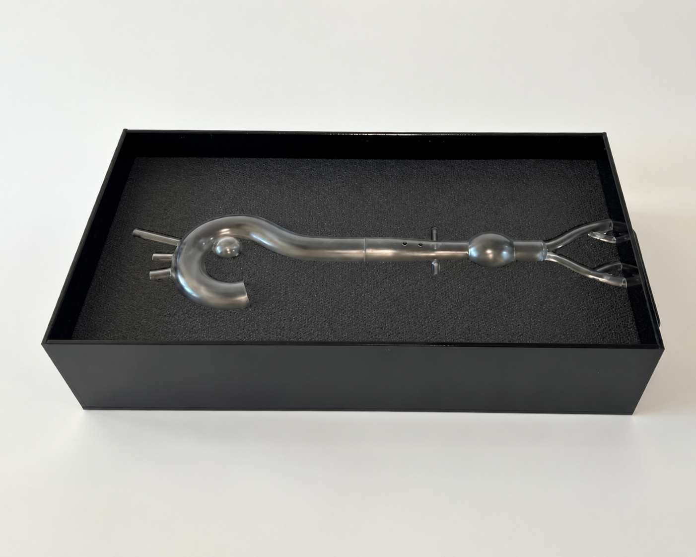 Full view of a transparent thoracic and abdominal aorta simulator in a tray